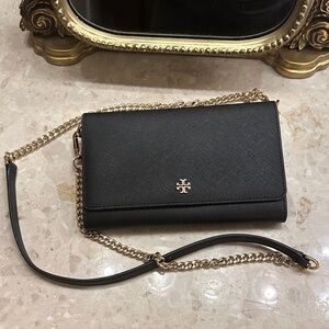 Tory Burch Emerson Chain Wallet Black Crossbody Bag with Gold Chain